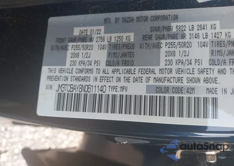 2022 Mazda Cx-9 Touring Plus z USA, uszkodzony, nr VIN JM3TCBAY8N0611140